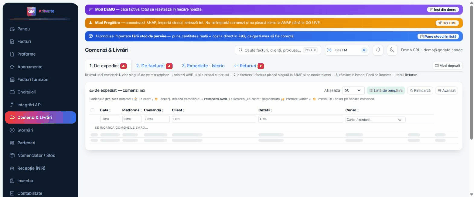 Tur AriMate — Panou, comenzi eMAG/Trendyol/Shopify, facturi, contabilitate, stoc